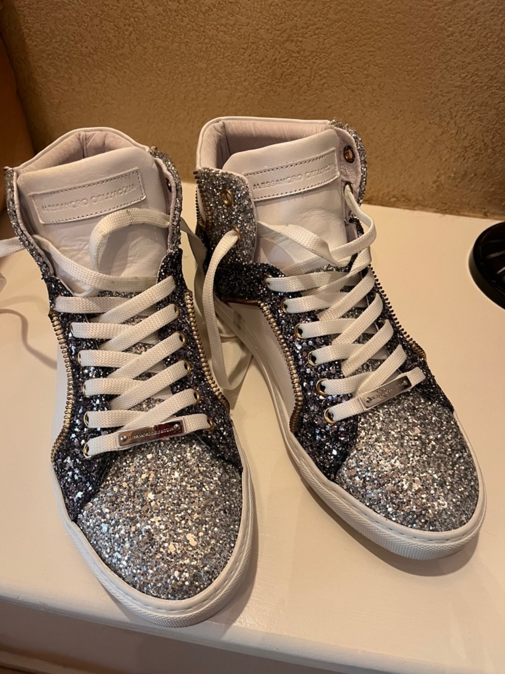 Alessandro Dell'Acqua Silver and White Glitter Sneakers Size 38/7
